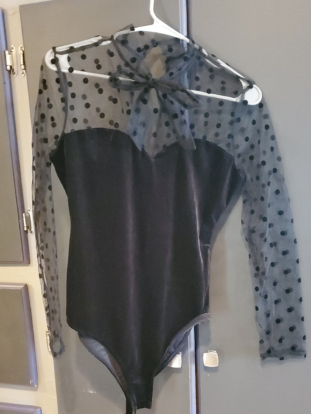 SheIn Black Velvet Bodysuit with Polka Dot Mesh Tie Neck